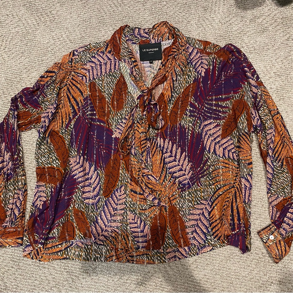 Le Superbe Long Sleeve Blouse 4 Palm Leaves purple orange green copper